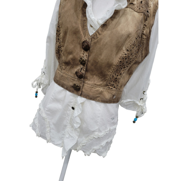 Dismero Italian Ruffle Blouse and Distressed Vest With Turquoise Accents SMALL - Picture 3 of 16
